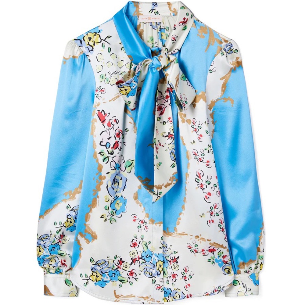 Tory Burch Printed Satin Bow Blouse